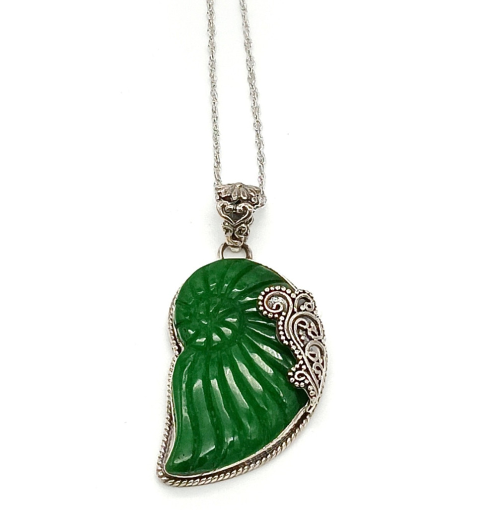 Green Jade Carved Pendant Necklace 925 Sterling Silver Bali Style